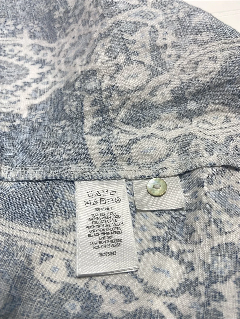 Rachel Zoe 100% Linen Trapeze Dress size M Blue White Geometric Print‎ Pockets